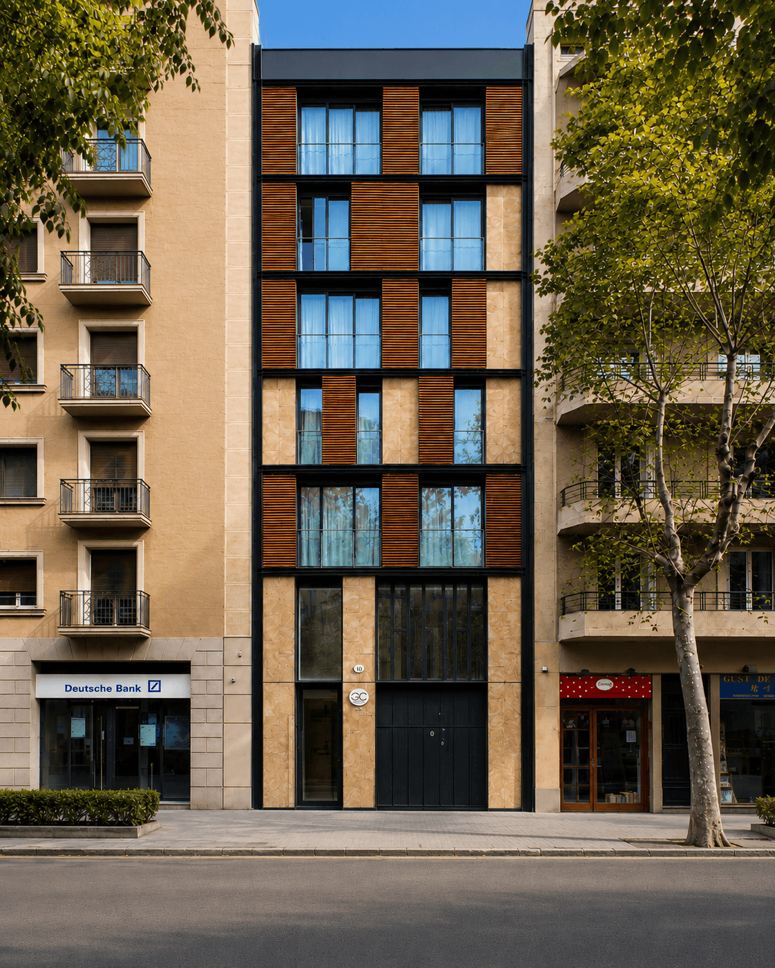 Edificio entre medianeras en una avenida con árboles: retícula de vidrio y paneles de madera sobre una planta baja con locales.