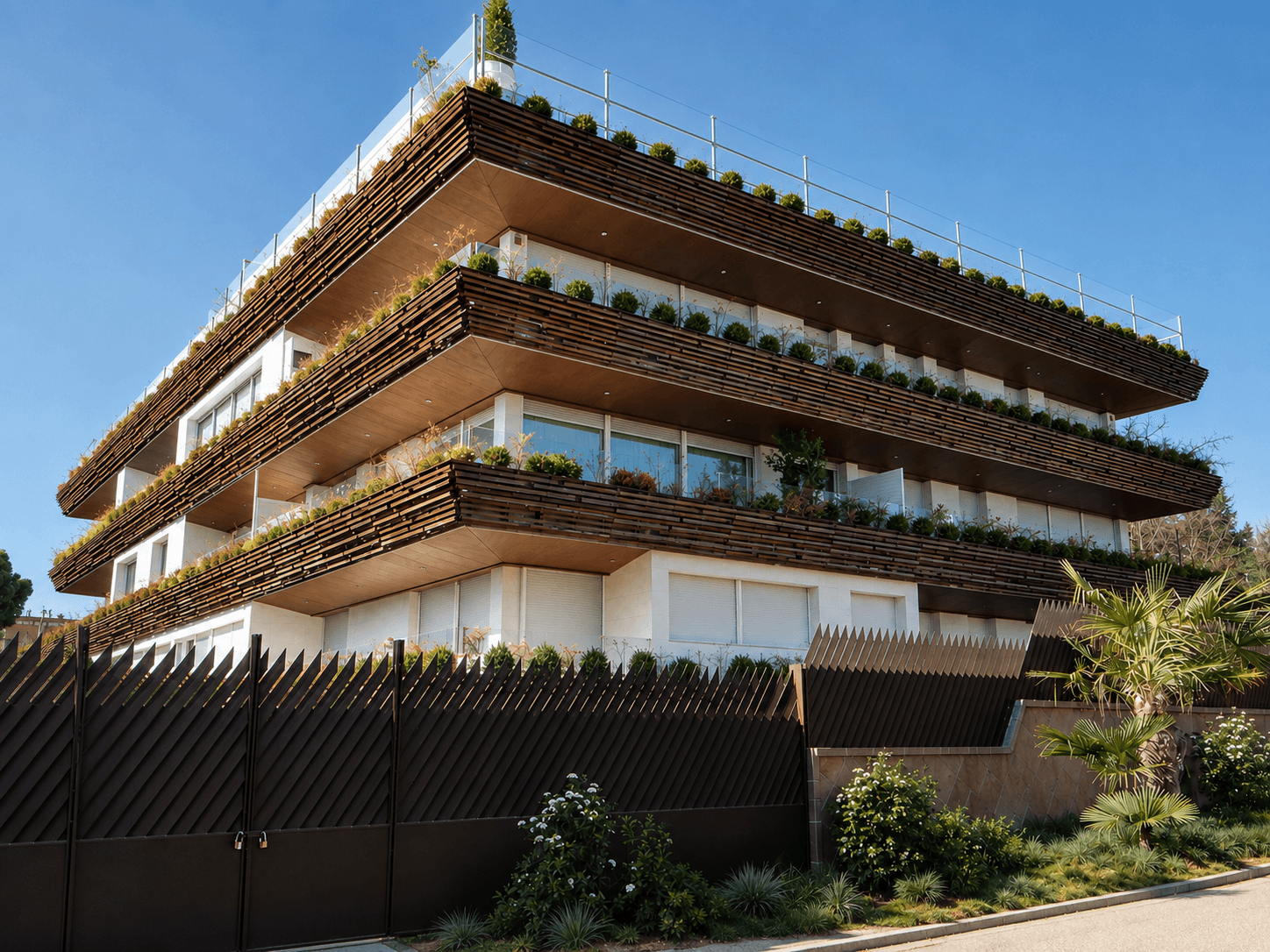 Edificio de cuatro plantas con terrazas corridas de jardinera vegetal y celosías de madera, tras una valla de listones oscuros.