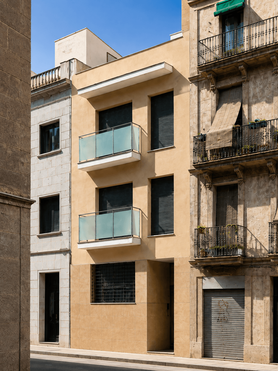 Edificio estrecho de tres plantas, de fachada ocre con balcones de vidrio, encajado entre dos fincas antiguas en una calle en sombra.