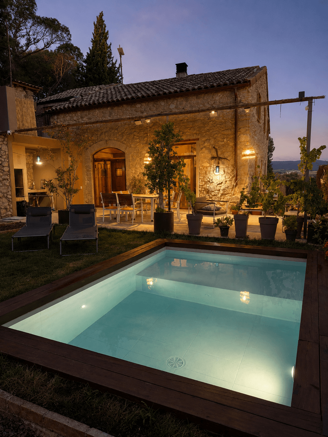 La casa de piedra al anochecer, iluminada, con la piscina de borde de madera en primer término.