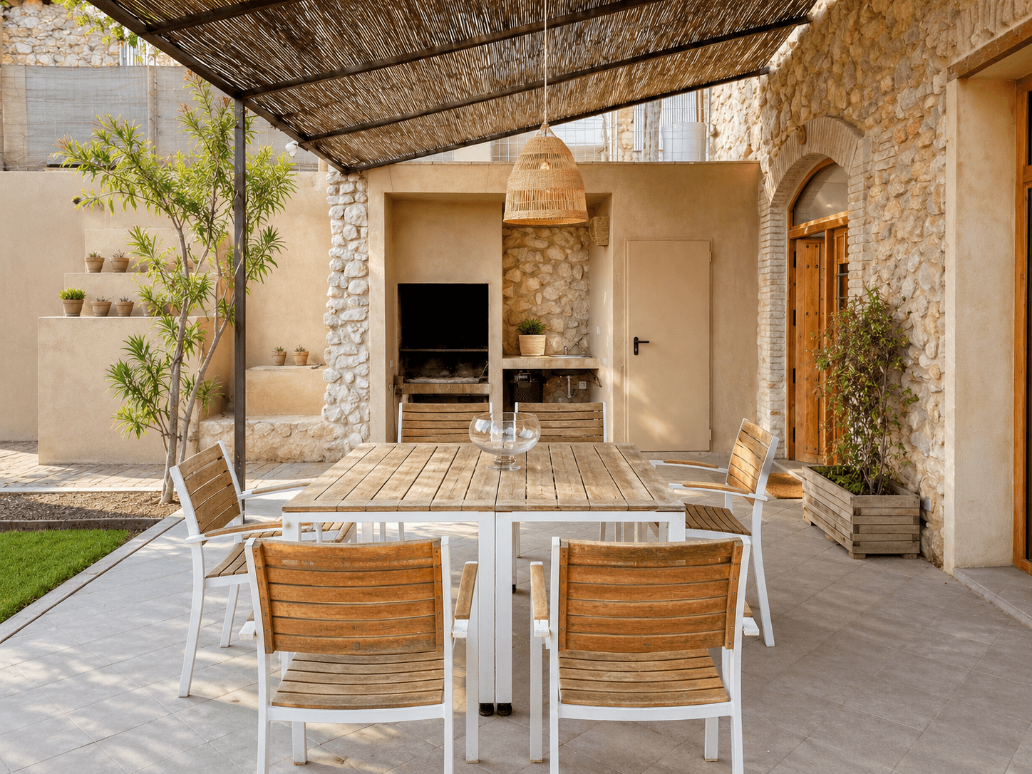 Porche con pérgola de cañizo, mesa larga de teca y barbacoa de obra contra el muro de piedra.