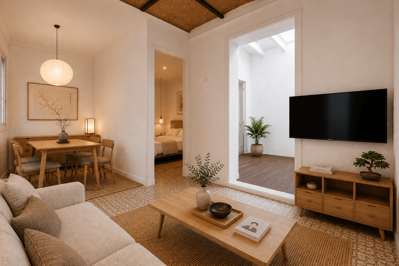 El salón comedor entero: sofá y mesa baja sobre la alfombra, mesa de comedor bajo un farolillo de papel y, al fondo, un patio interior con tarima de madera.